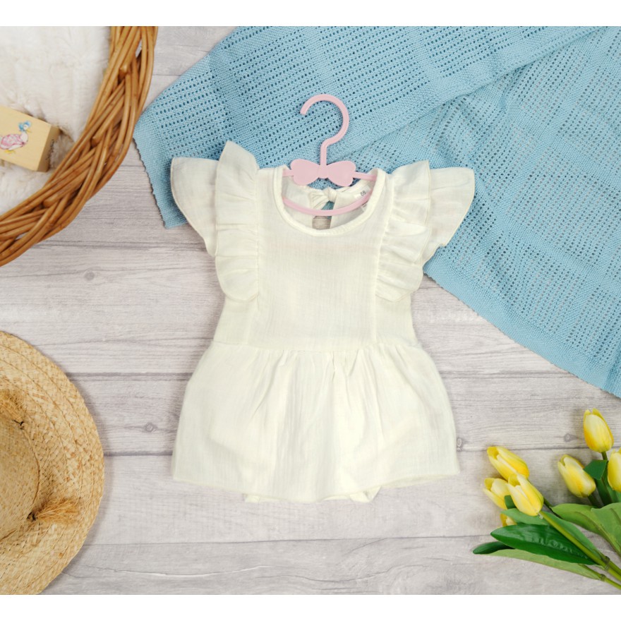 BODY SUKIENKA śmietanka MUŚLIN z ozdobnym krótkim rękawem