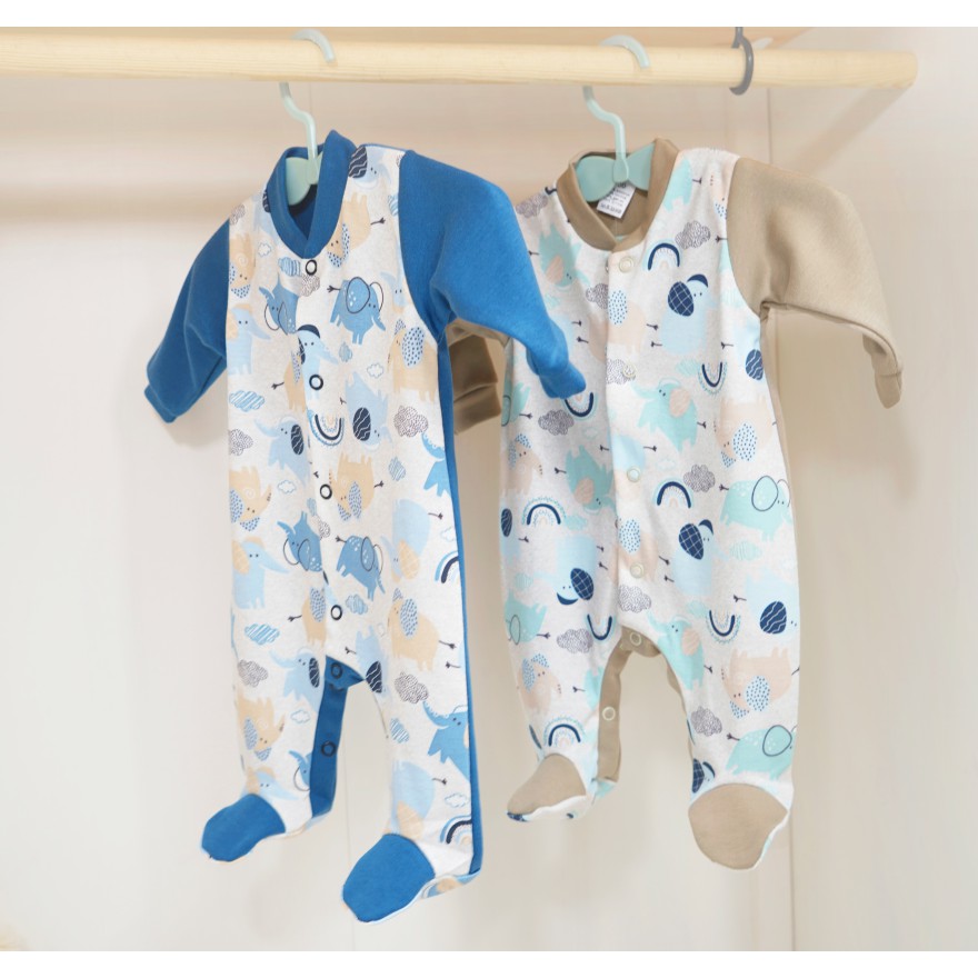 WCZEŚNIAK 2pak pajac pajacyk bawełniany niebiesko- beżowy w słoniki