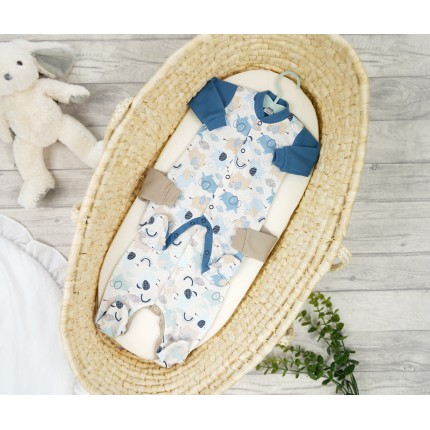 WCZEŚNIAK 2pak pajac pajacyk bawełniany niebiesko- beżowy w słoniki