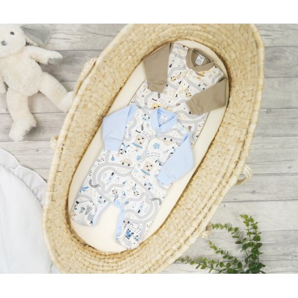 WCZEŚNIAK 2pak pajac pajacyk bawełniany niebiesko- beżowy z historyjką