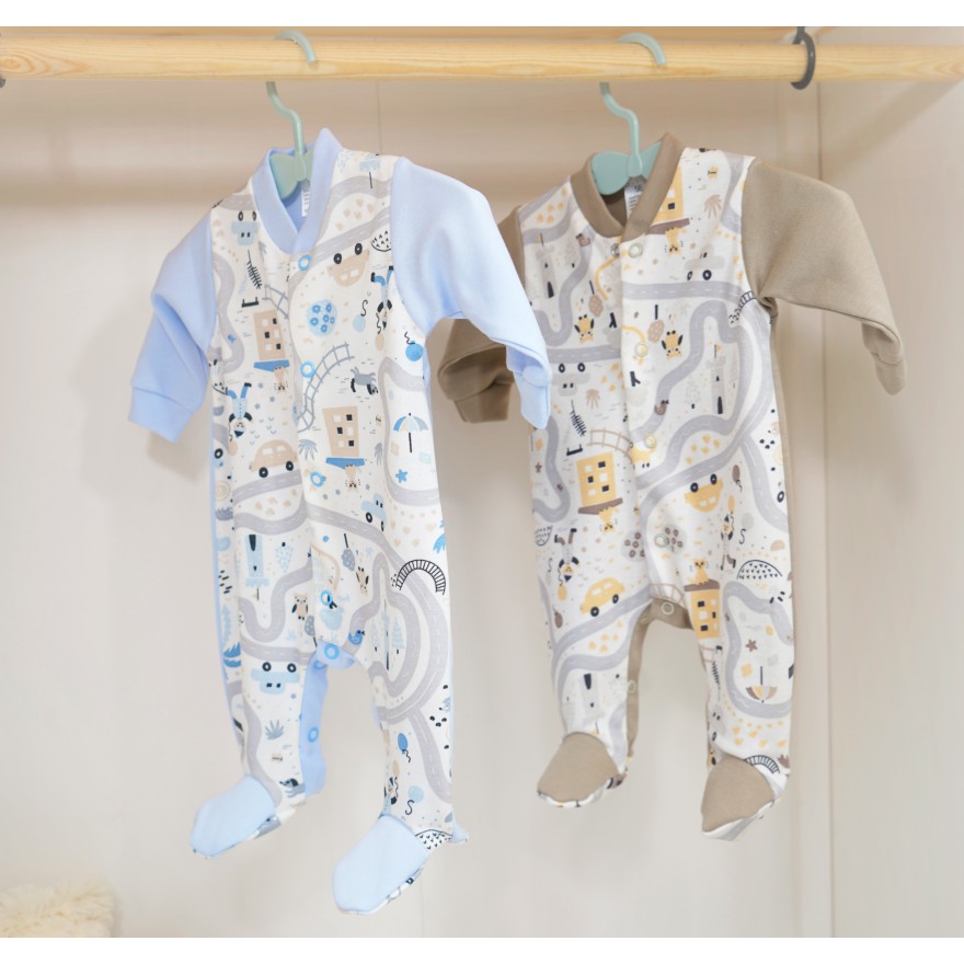 WCZEŚNIAK 2pak pajac pajacyk bawełniany niebiesko- beżowy z historyjką