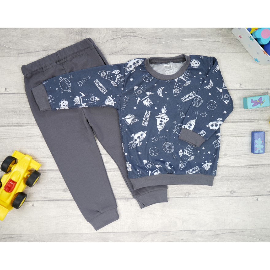Grafitowa PIŻAMA w rakiety kosmos długi rękaw wzór 414