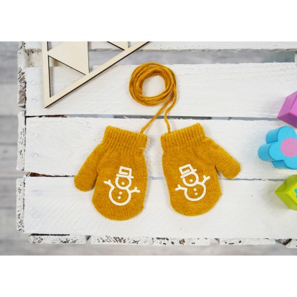 Musztardowe RĘKAWICZKI ciepłe 1P na sznurku BAŁWANEK r. 56-86
