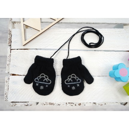 Czarne RĘKAWICZKI ciepłe 1P na sznurku CHMURKA r. 56-86