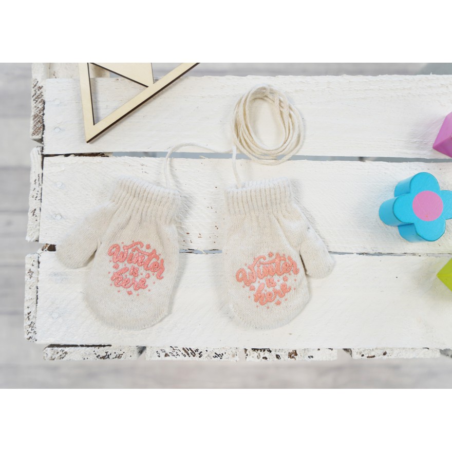 Kremowe RĘKAWICZKI ciepłe 1P na sznurku WINTER r. 56-86