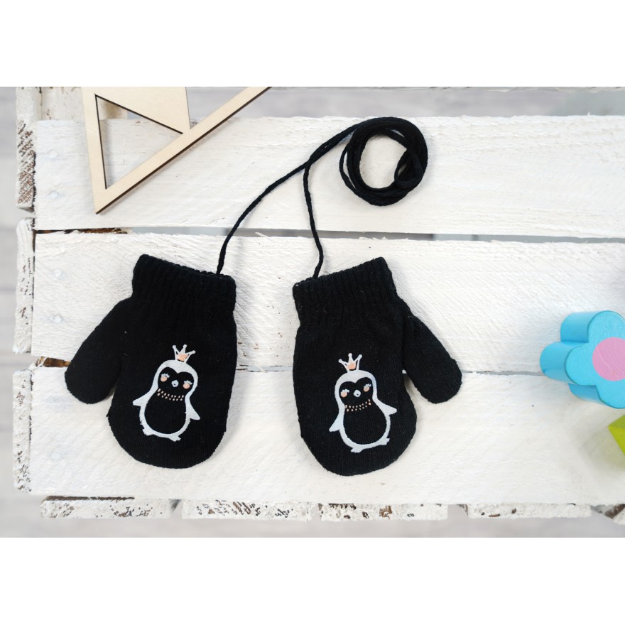Czarne RĘKAWICZKI ciepłe 1P na sznurku PINGWINEK r. 56-86