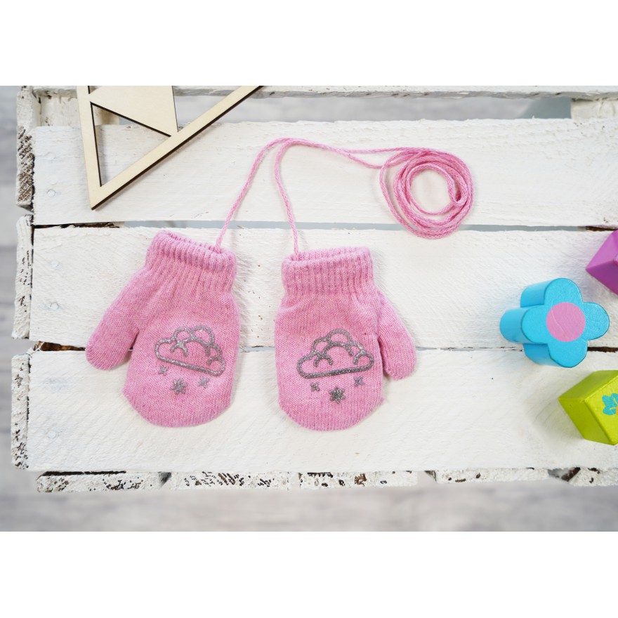 Różowe RĘKAWICZKI ciepłe 1P na sznurku CHMURKA r. 56-86