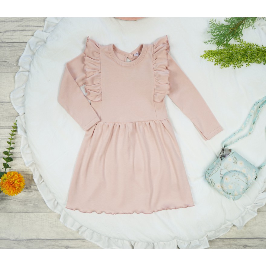 Pudrowy róż SUKIENKA gładka z falbanką długi rękaw