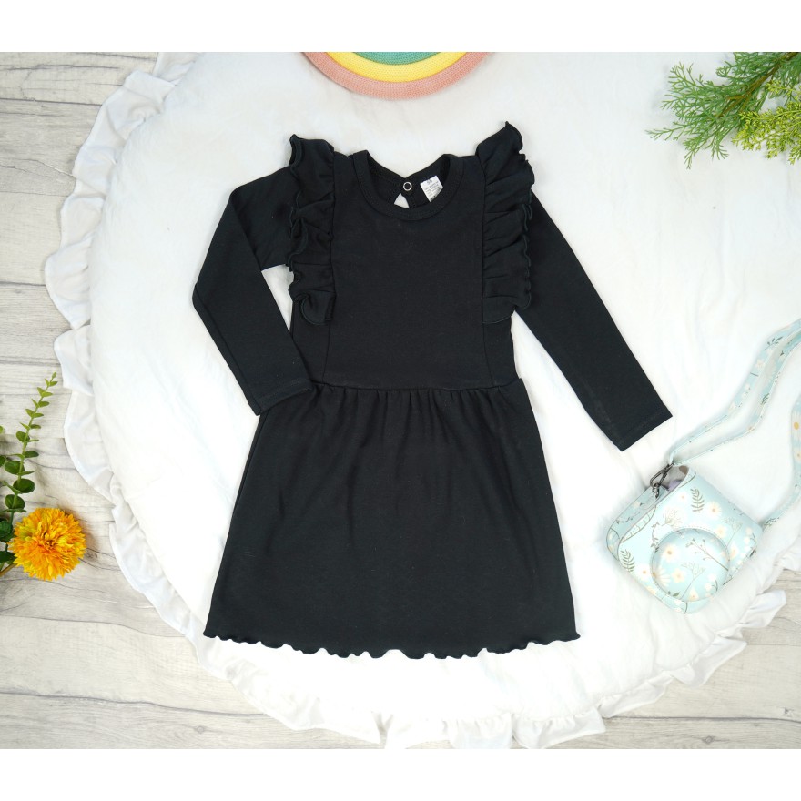 Czarna SUKIENKA gładka z falbanką długi rękaw