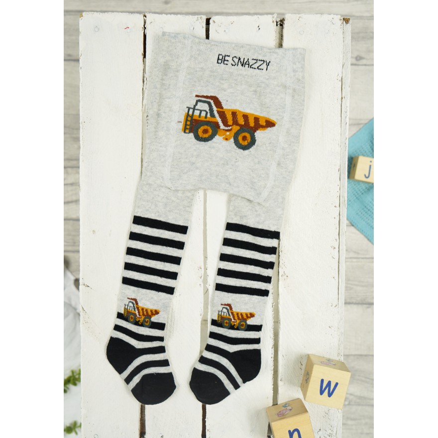 RAJSTOPY chłopięce szare w czarne paski z autem wzór 644