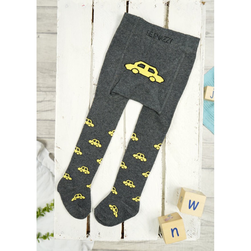 RAJSTOPY chłopięce grafitowe z żółtymi autami wzór 648