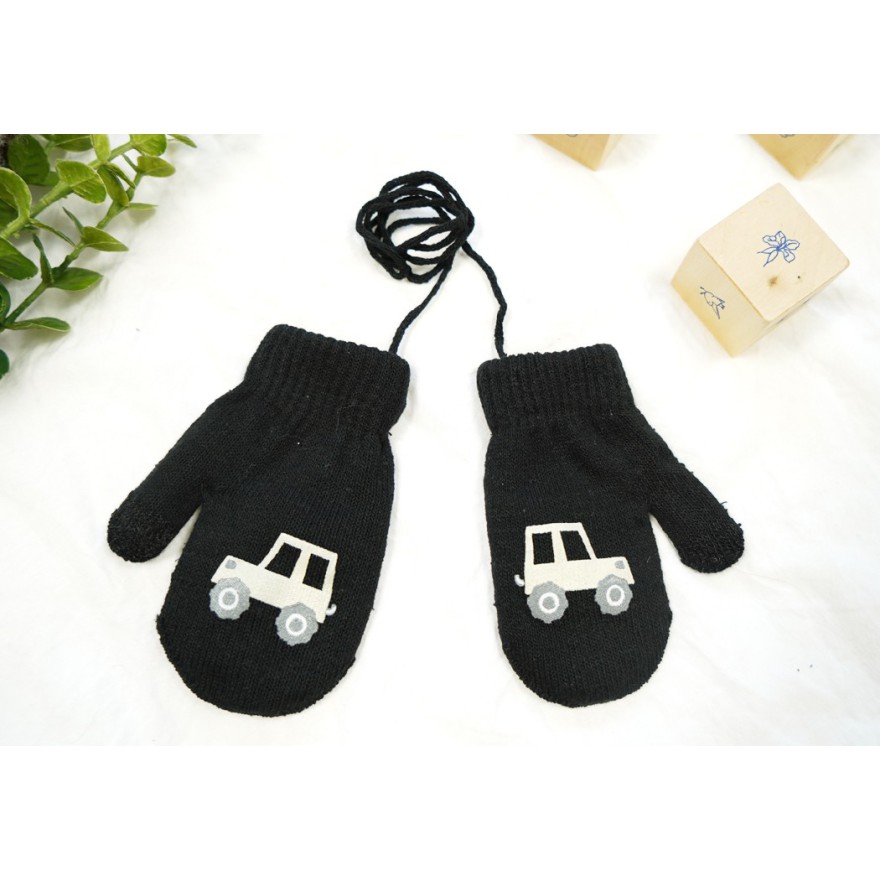 Czarne RĘKAWICZKI ciepłe 1P AUTO sznurek dotyk r. 110-134