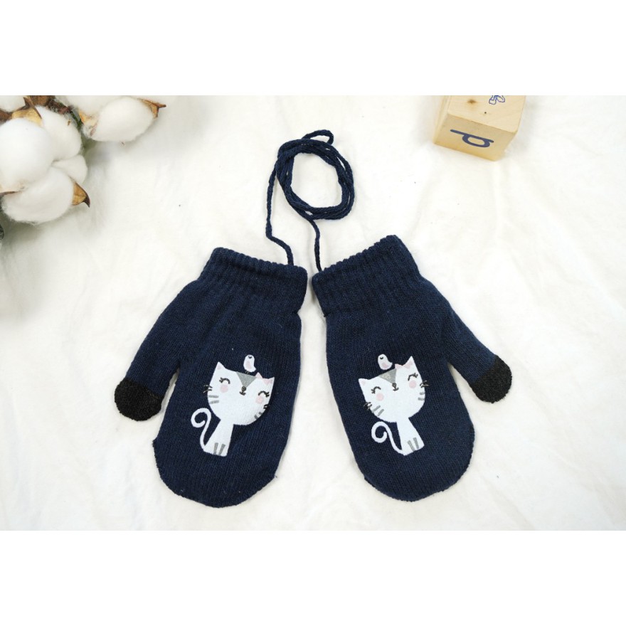 Granatowe RĘKAWICZKI ciepłe 1P KOT sznurek dotyk r. 110-134