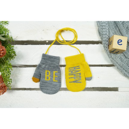 Musztardowo- szare RĘKAWICZKI 1P sznurek BE HAPPY r. 98-134