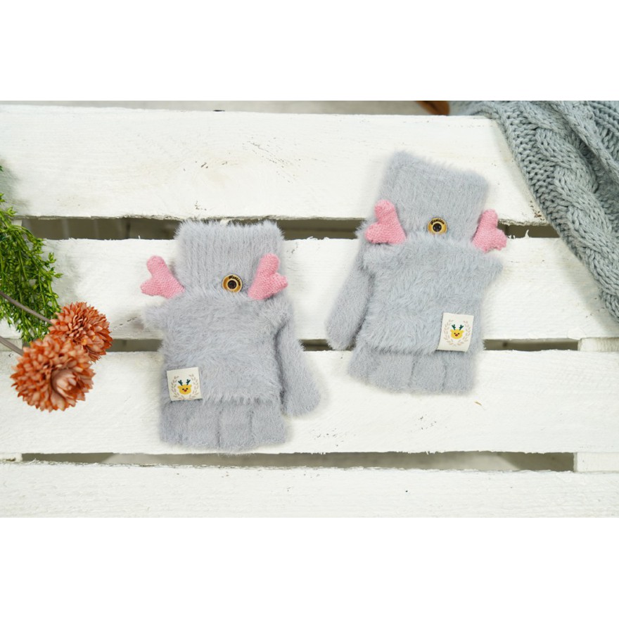 Szare rękawiczki futerkowe RENIFERKI z kapturkiem r.116-164