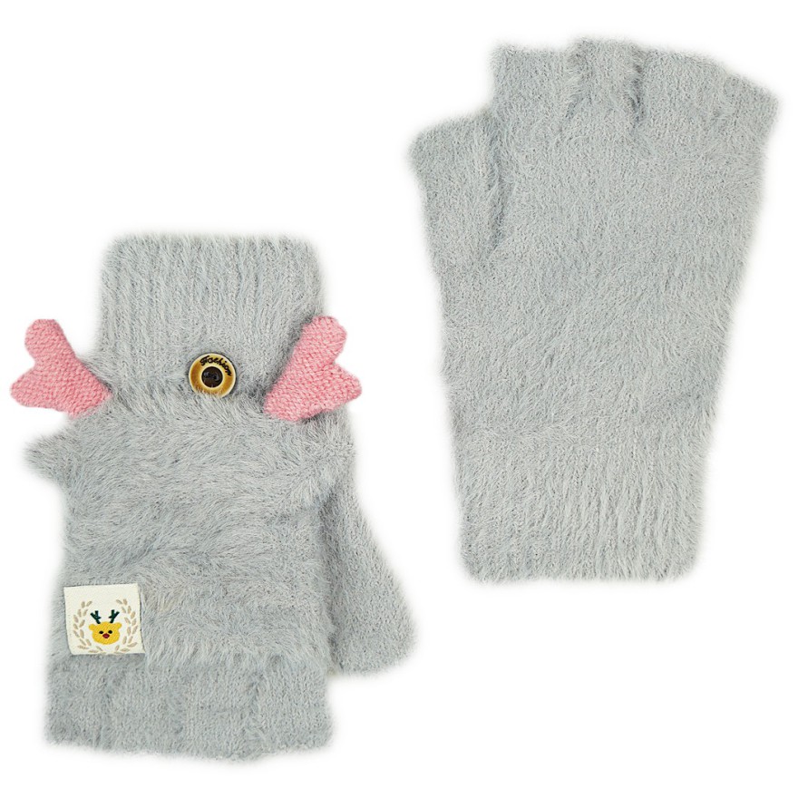 Szare rękawiczki futerkowe RENIFERKI z kapturkiem r.116-164