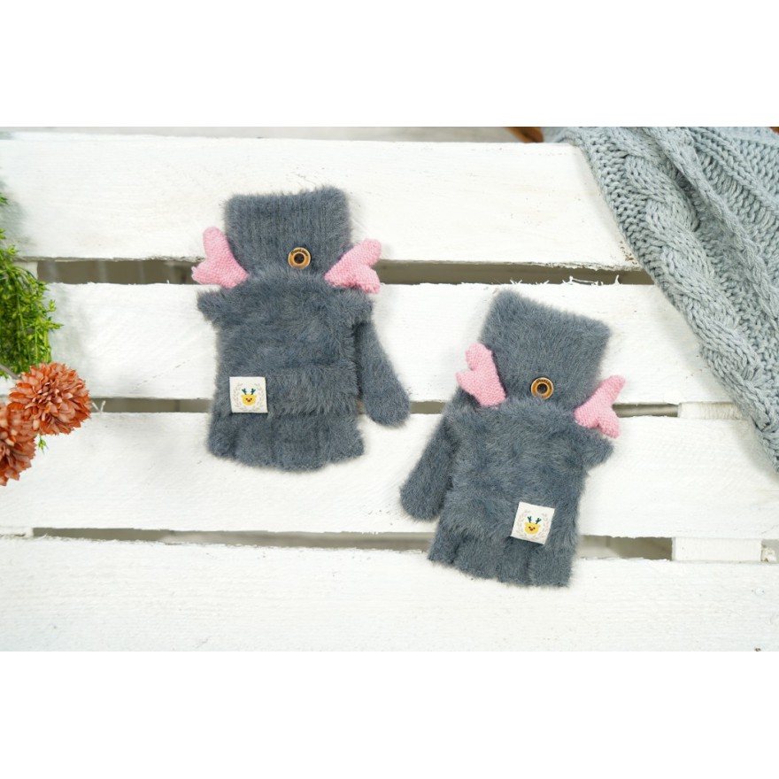 Grafitowe rękawiczki futerkowe RENIFERKI z kapturkiem r.116-164