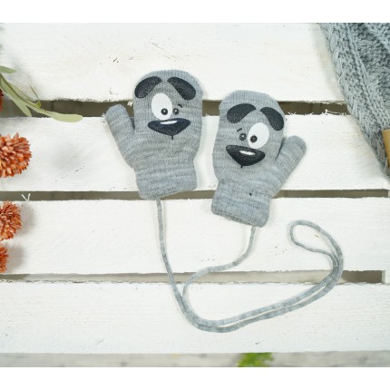 Szare RĘKAWICZKI ciepłe 1P na sznurku PIES r. 98-104