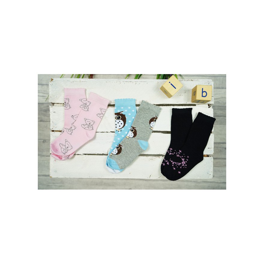 3pak SKARPETKI bawełniane MISIE i SOWA skarpety dziewczęce D-54