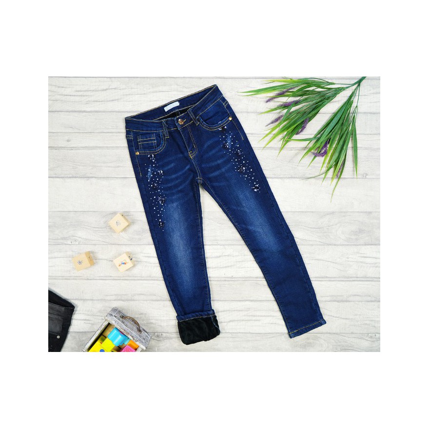 Jeansy granatowe ocieplane dżety na górze