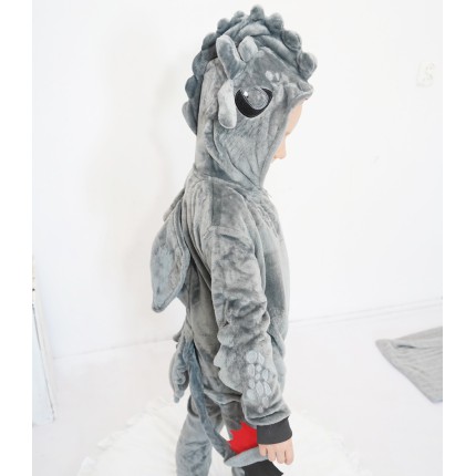 Szara PIŻAMA jednoczęściowa SMOK z ogonem i kapturem kigurumi