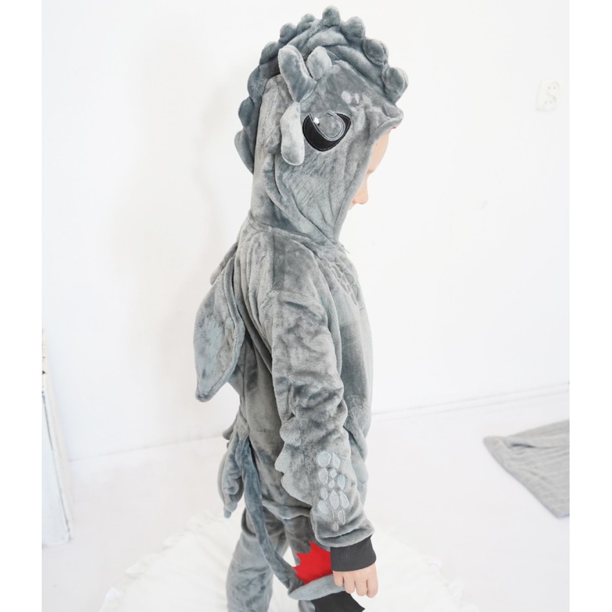 Szara PIŻAMA jednoczęściowa SMOK z ogonem i kapturem kigurumi