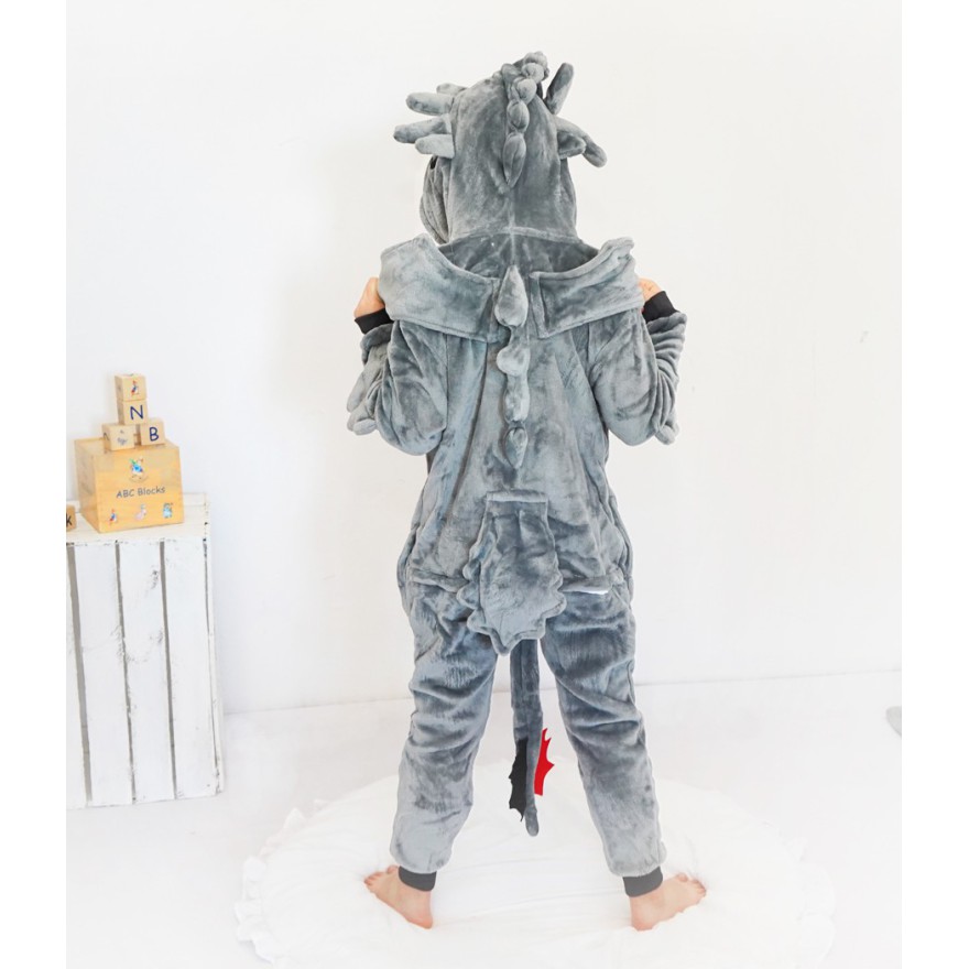 Szara PIŻAMA jednoczęściowa SMOK z ogonem i kapturem kigurumi