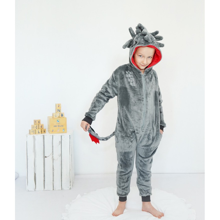 Szara PIŻAMA jednoczęściowa SMOK z ogonem i kapturem kigurumi