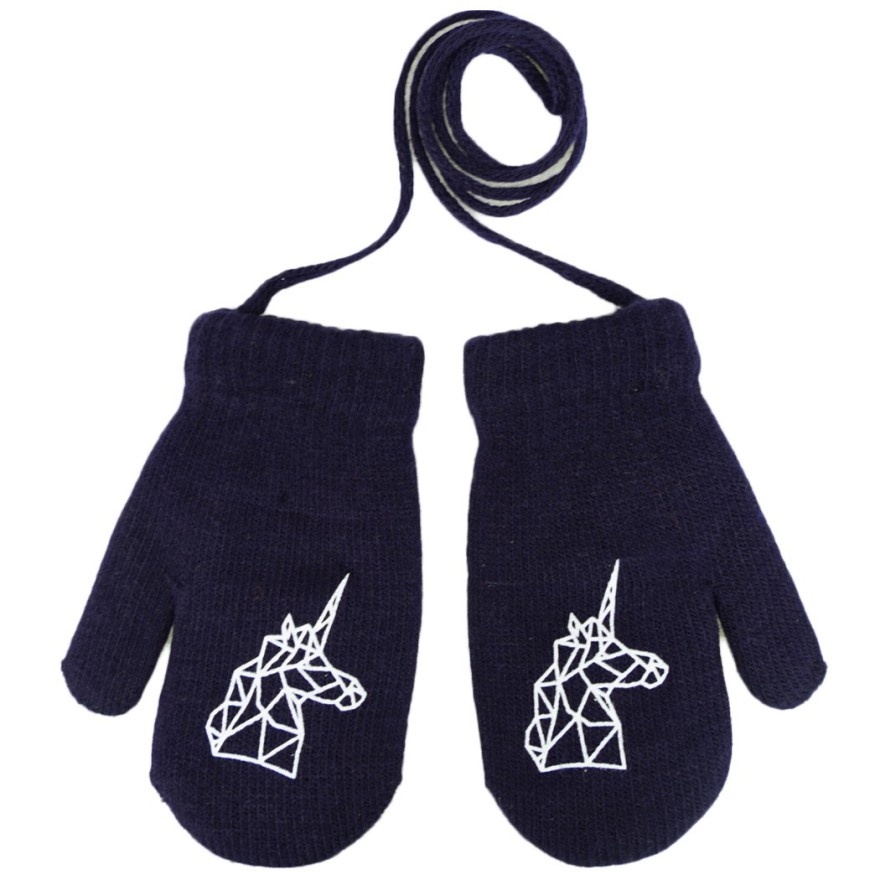 Granatowe RĘKAWICZKI 1P ciepłe na sznurku JEDNOROŻEC r. 110-134
