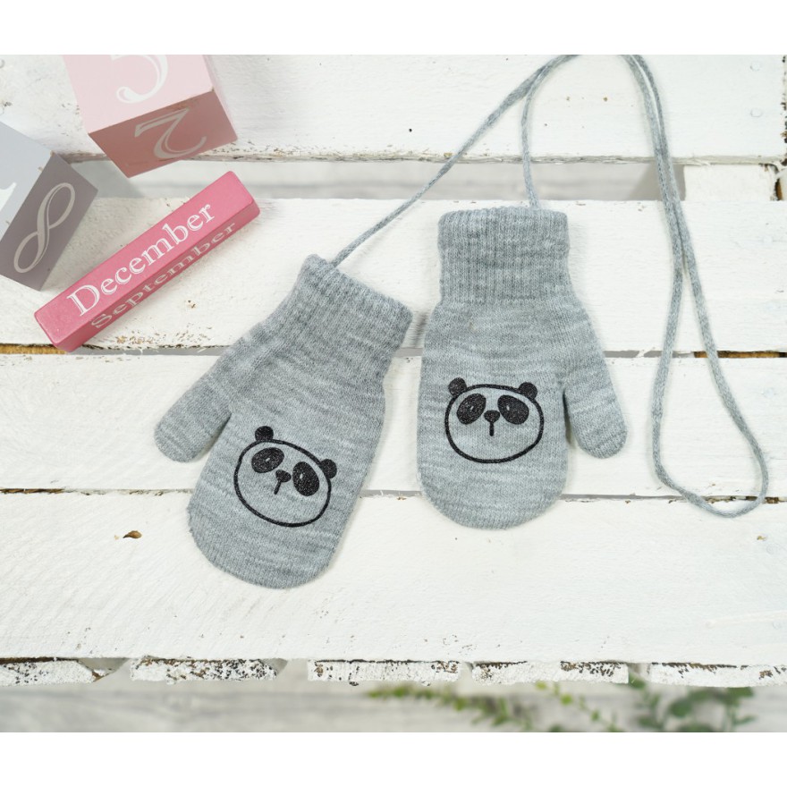 Szare RĘKAWICZKI 1P ciepłe na sznurku PANDA r. 110-134