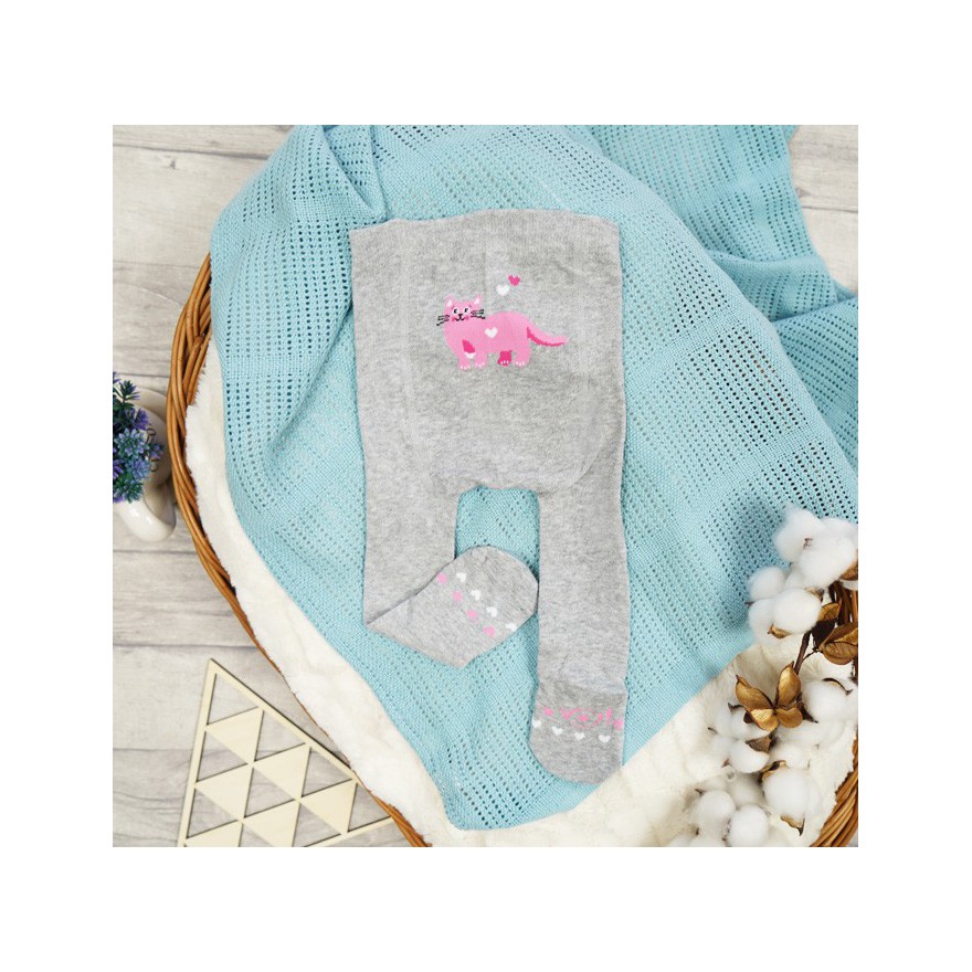 RAJSTOPY dziecięce szare różowy kot wzór 663