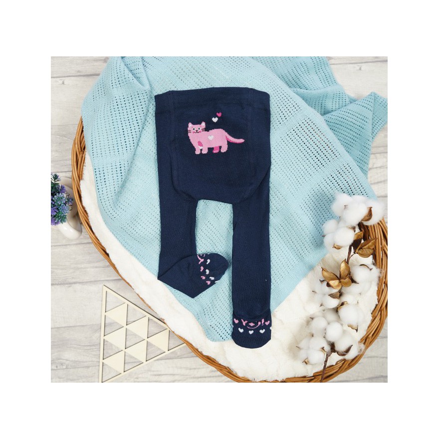 RAJSTOPY dziecięce granatowe różowy kot wzór 662