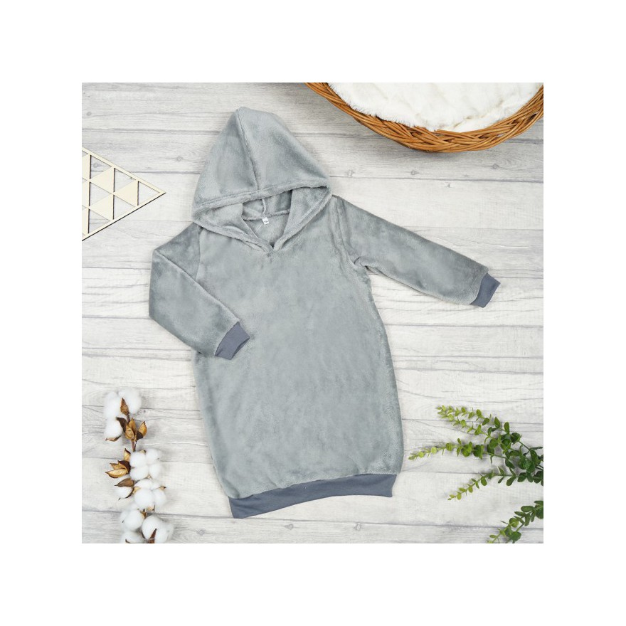 Szara SUKIENKA pluszowa ciepła tunika gładka z kapturem