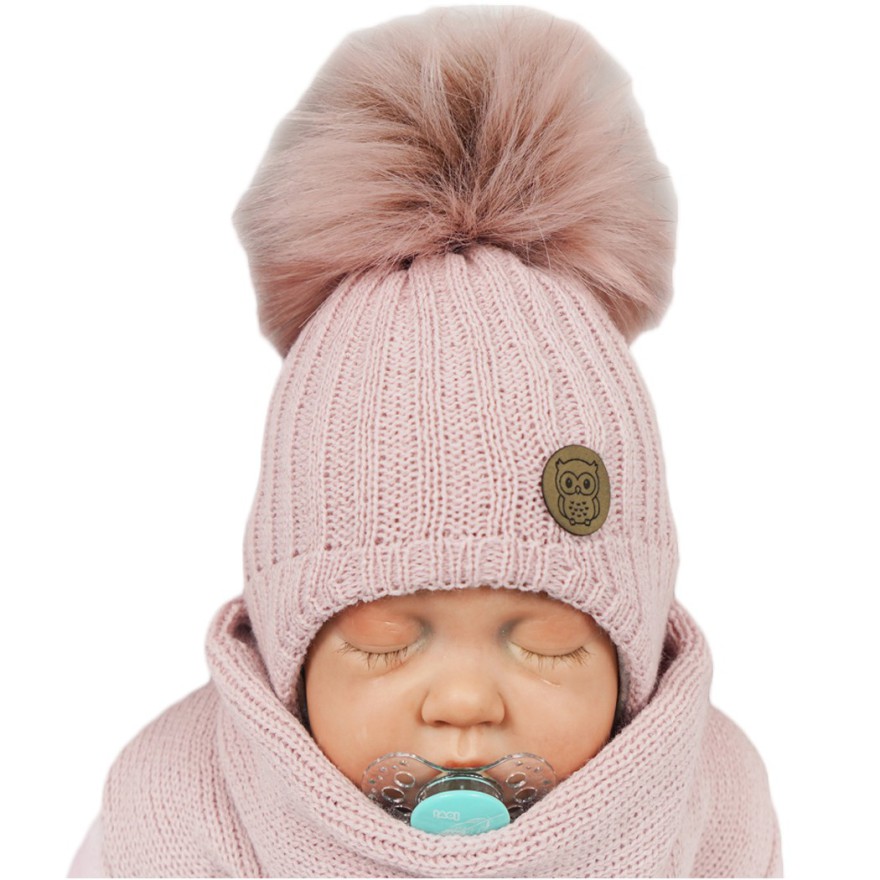 Różowy komplet zimowy SÓWKA czapka + komin z pomponem