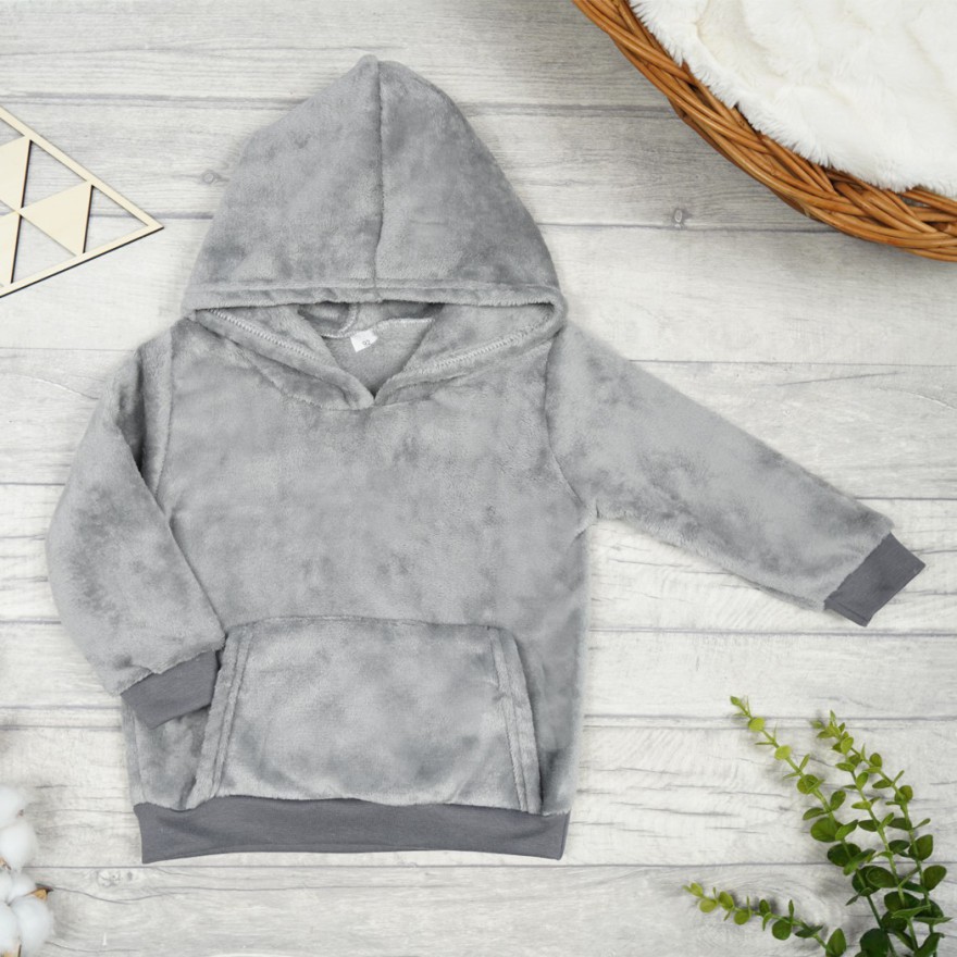 Szara BLUZA pluszowa ciepła kangurka z kapturem