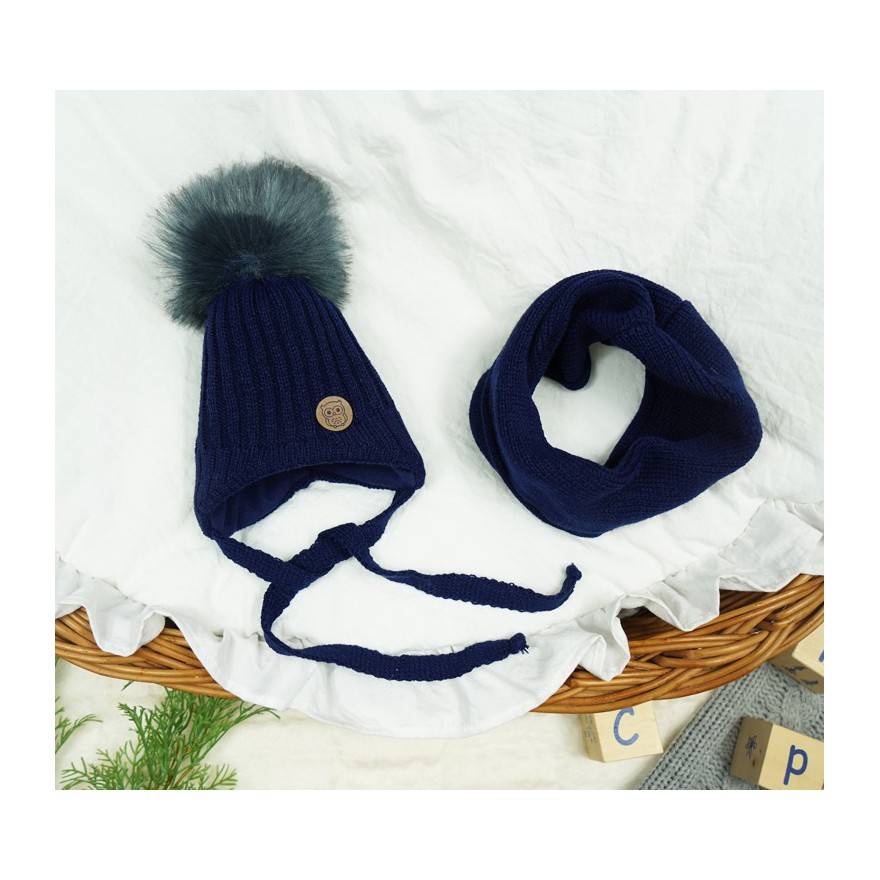 Granatowy komplet zimowy SÓWKA czapka + komin z pomponem