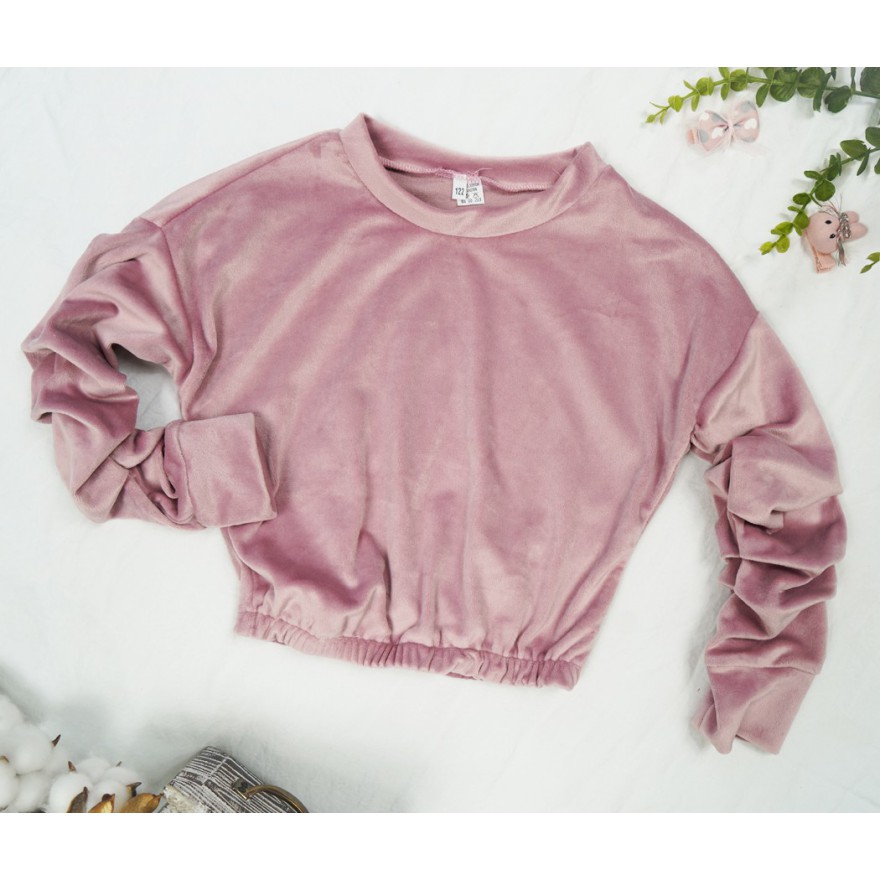 Różowa BLUZKA welurowa z ozdobnym rękawem koszulka dziewczęca