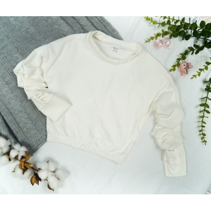 Ecru BLUZKA welurowa z ozdobnym rękawem koszulka dziewczęca