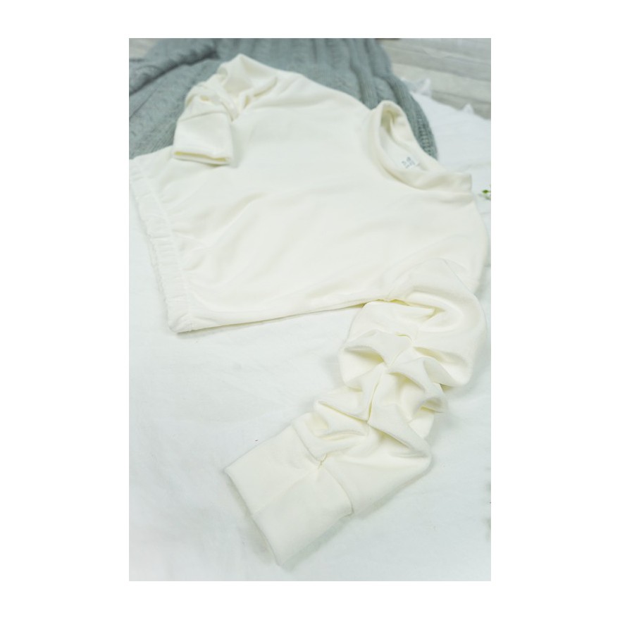 Ecru BLUZKA welurowa z ozdobnym rękawem koszulka dziewczęca