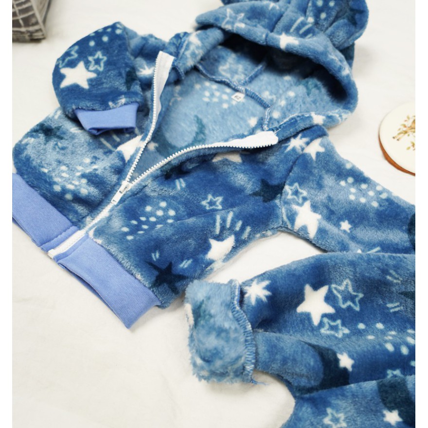 Niebieski komplet GWIAZDKI ciepły plusz BLUZA + SPODNIE uszy