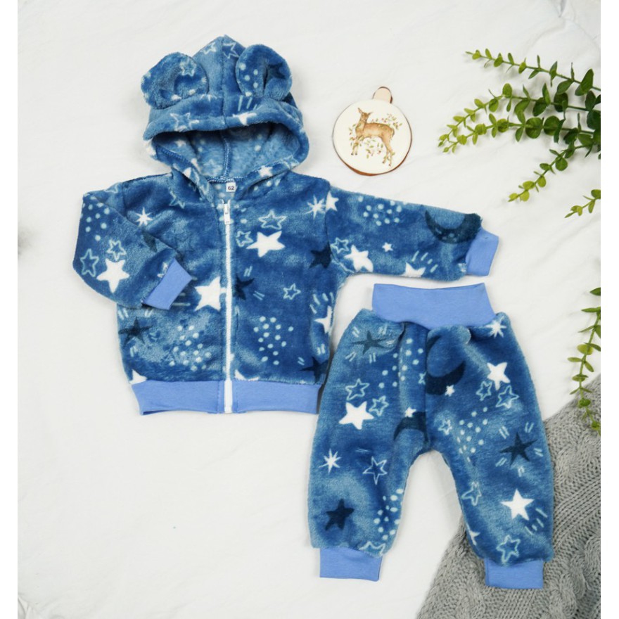 Niebieski komplet GWIAZDKI ciepły plusz BLUZA + SPODNIE uszy