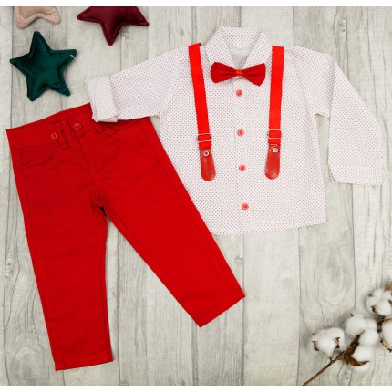 KOMPLET DLA CHŁOPCA koszula czerwone wzory, spodnie, muszka, szelki