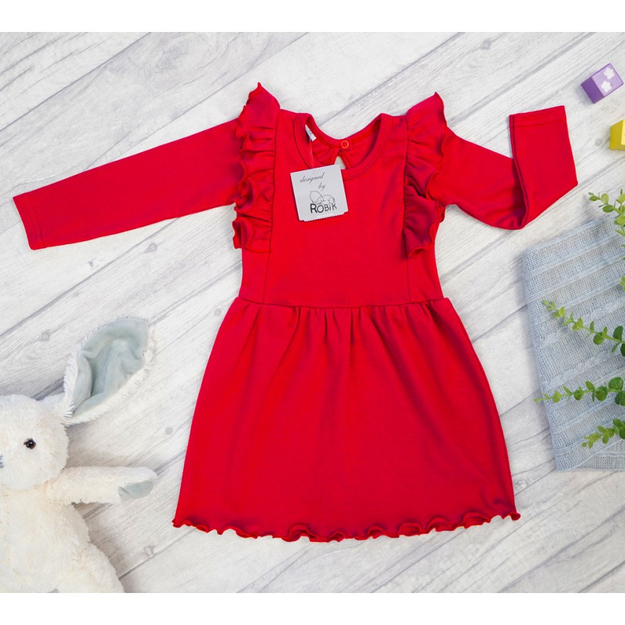 Czerwona SUKIENKA gładka z falbanką długi rękaw święta