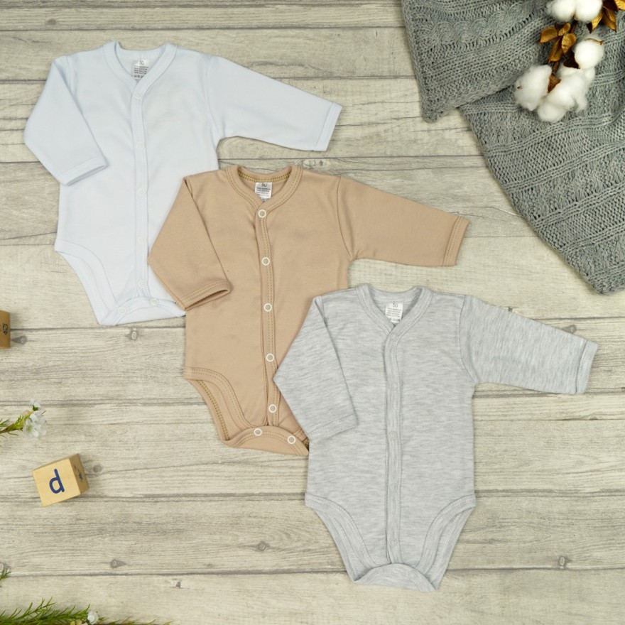 3pak BODY rozpinane WCZEŚNIAK białe beżowe szare długi rękaw