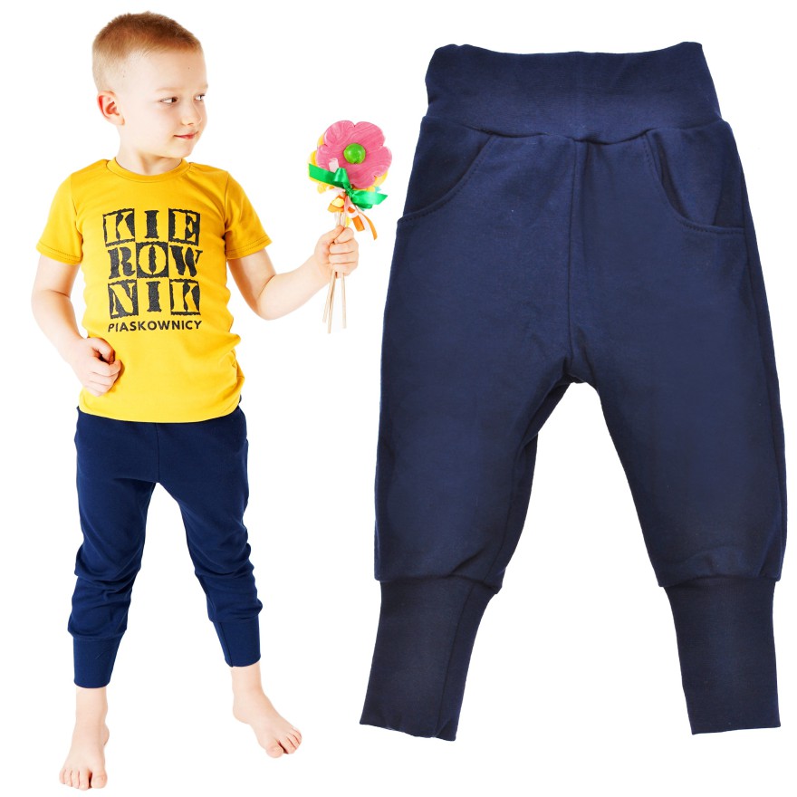 Likwidacja Granatowe spodnie bawełniane lekkie z wyciąganą gumką bezuciskowe NEON szkoła