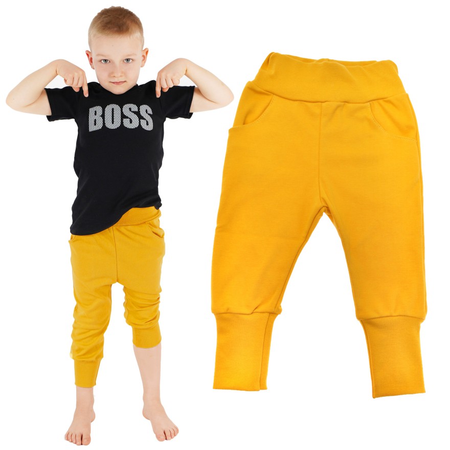 Likwidacja Musztardowe spodnie bawełniane lekkie z wyciąganą gumką bezuciskowe NEON