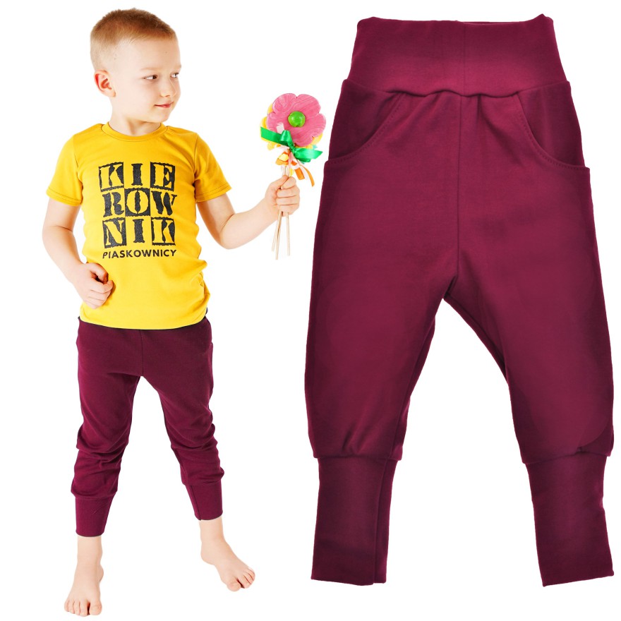 Likwidacja Bordowe spodnie bawełniane lekkie z wyciąganą gumką bezuciskowe NEON