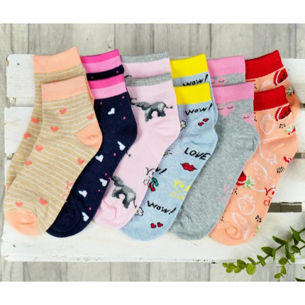 6 PAK SKARPETKI skarpety dziewczęce TRUSKAWKI słonie serca