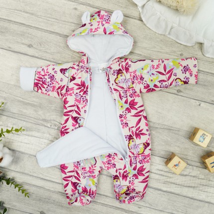 Różowy OCIEPLANY KOMBINEZON motyle i kwiaty wiosna jesień