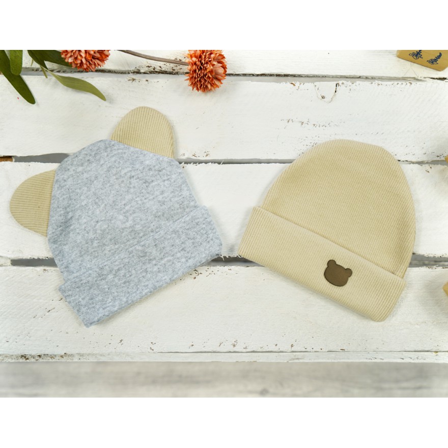 2PAK CZAPKA SMERFETKA szary-beż prążek + uszy wyprawka